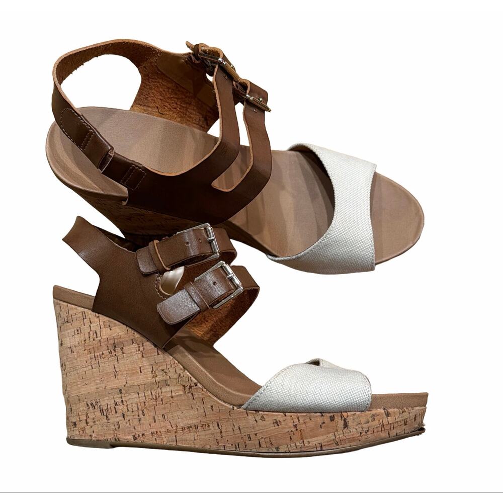 DrScholls Sandals Cork Wedge Heel Shoes Brown Cream Womens 9 comfort